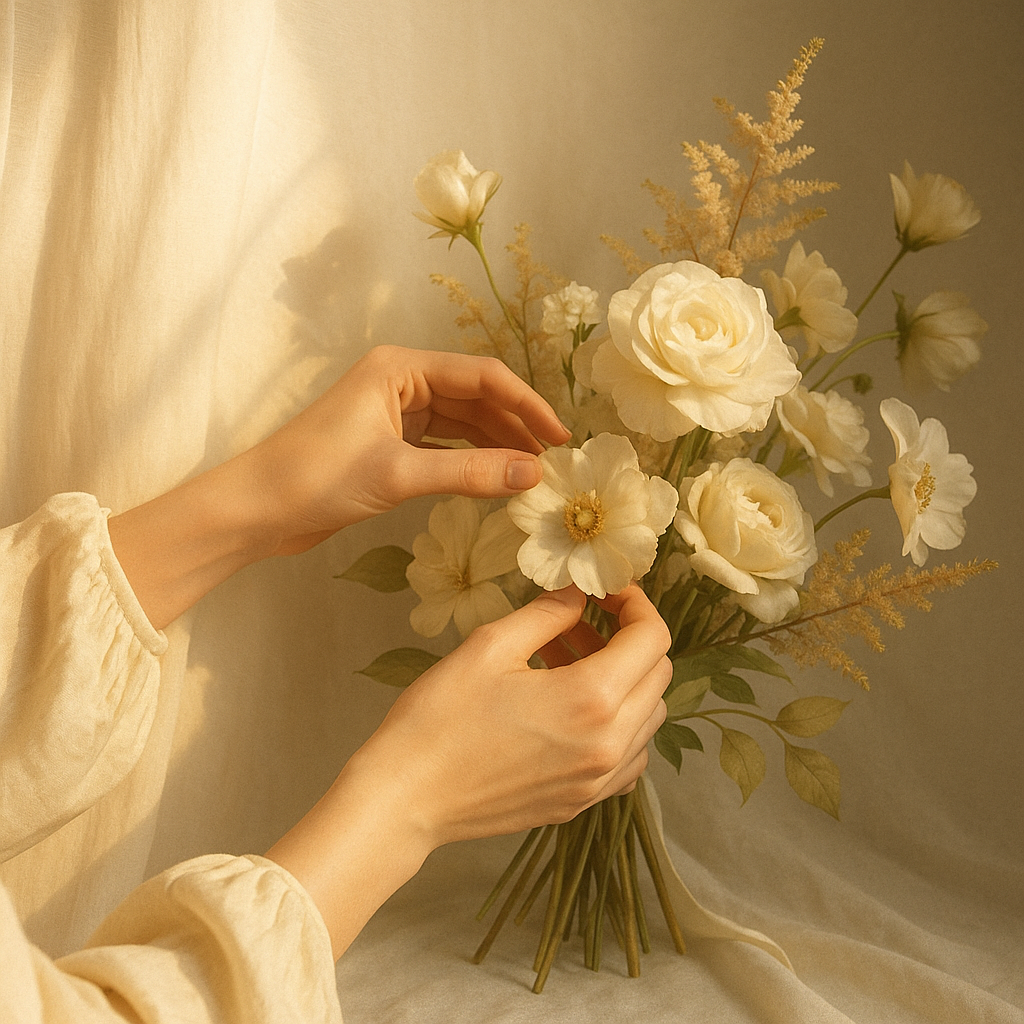Mains réalisant une création florale pour une décoration de mariage DIY, entre émotion, intention et authenticité.
